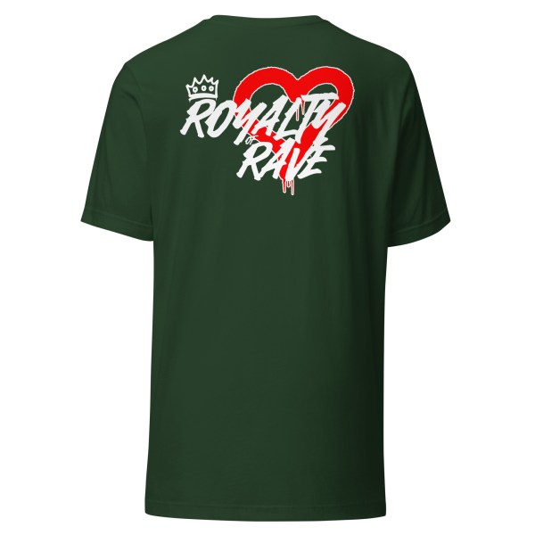 hunter green colored shirt with royalty of rave logo and dripping heart outline backdropped