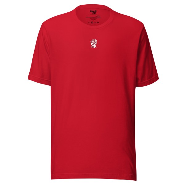 red t-shirt with royalty of rave emblem printed on front