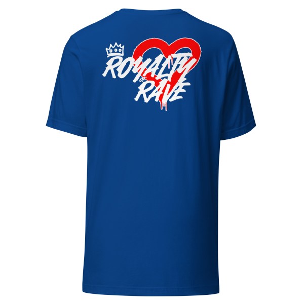 royal blue colored shirt with royalty of rave logo and dripping heart outline backdropped